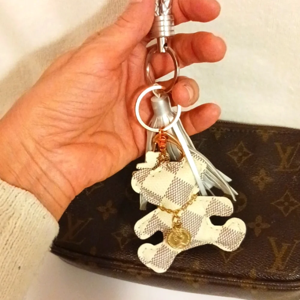 Bag Charm Keychain TEDDY BEAR Damier Azur Handmade with‎ Charms & Tassel